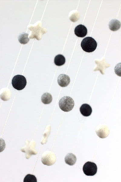 Black, Gray, White Felt Ball & Star Nursery Mobile SMALL SIZE- Baby Childrens Room Decor