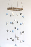 Ice Blue, Gray, White Felt Ball & Star Nursery Mobile- Baby Childrens Room Decor