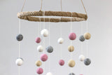 LARGE Pink, Gray, Almond & White Felt Ball Nursery Mobile- Nursery Childrens Room Pom Pom Mobile Garland Decor