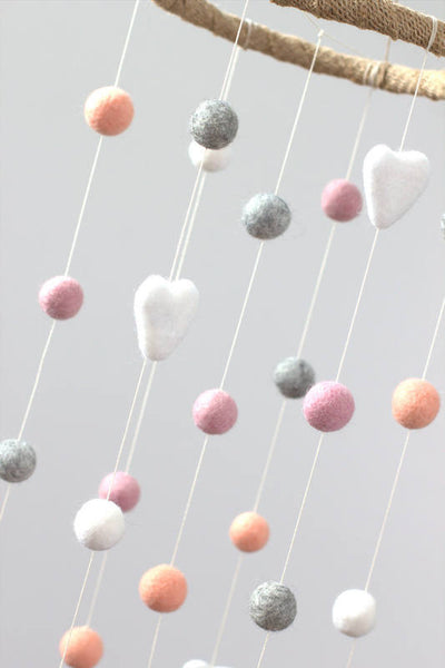 Pink, Peach, Gray, White Felt Ball & Heart Nursery Mobile- Baby Childrens Room Decor