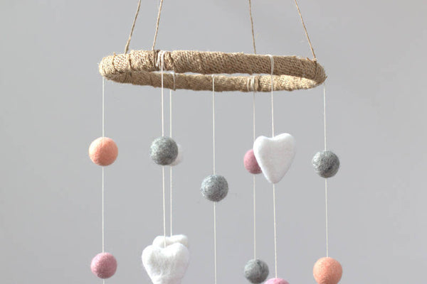 Pink, Peach, Gray, White Felt Ball & Heart Nursery Mobile- Baby Childrens Room Decor