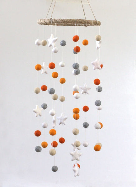 LARGE Orange, Almond, Gray, White Felt Ball & Star Nursery Mobile- Nursery Childrens Room Pom Pom Mobile Garland Decor