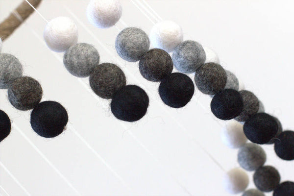 Spiral Felt Ball Mobile- Neutral Nursery- Black, Charcoal, Gray, White-  Nursery Childrens Room Pom Pom Mobile Garland Decor