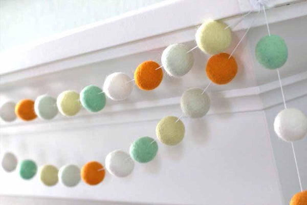 Orange Aqua Mint Yellow White Felt Ball Garland- Neutral Baby Nursery Home Decor