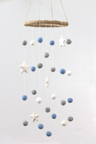 Baby Blue, Gray, White Felt Ball & Star Nursery Mobile- Baby Childrens Room Decor