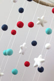 Felt Ball & Star Nursery Mobile- Navy, Turquoise, Red, White