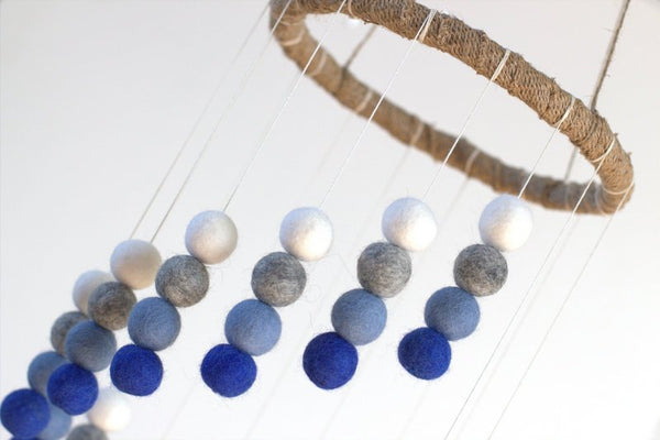 Spiral Felt Ball Mobile- Royal Blue, Baby Blue, Gray, White-  Nursery Childrens Room Pom Pom Mobile Garland Decor