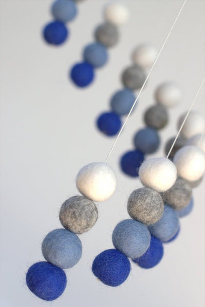 Spiral Felt Ball Mobile- Royal Blue, Baby Blue, Gray, White-  Nursery Childrens Room Pom Pom Mobile Garland Decor