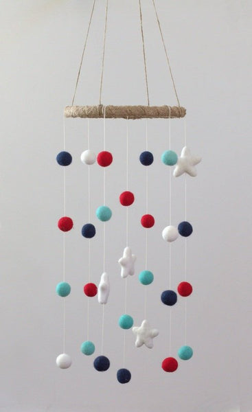 Felt Ball & Star Nursery Mobile- Navy, Turquoise, Red, White