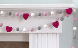 Felt Ball Garland- Hot Pink, Light Pink, Gray & White Hearts and Balls- Pom Pom- Nursery- Holiday- Wedding- Party- Childrens Room