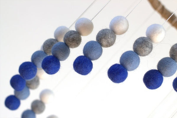 Spiral Felt Ball Mobile- Royal Blue, Baby Blue, Gray, White-  Nursery Childrens Room Pom Pom Mobile Garland Decor