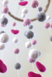 LARGE Pink, Gray, White Felt Ball & Heart Nursery Mobile- Nursery Childrens Room Pom Pom Mobile Garland Decor