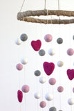 LARGE Pink, Gray, White Felt Ball & Heart Nursery Mobile- Nursery Childrens Room Pom Pom Mobile Garland Decor