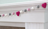 Felt Ball Garland- Hot Pink, Light Pink, Gray & White Hearts and Balls- Pom Pom- Nursery- Holiday- Wedding- Party- Childrens Room