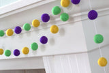 Mardi Gras Felt Ball Garland- Pom Pom Holiday Banner- Purple Green Golden Yellow